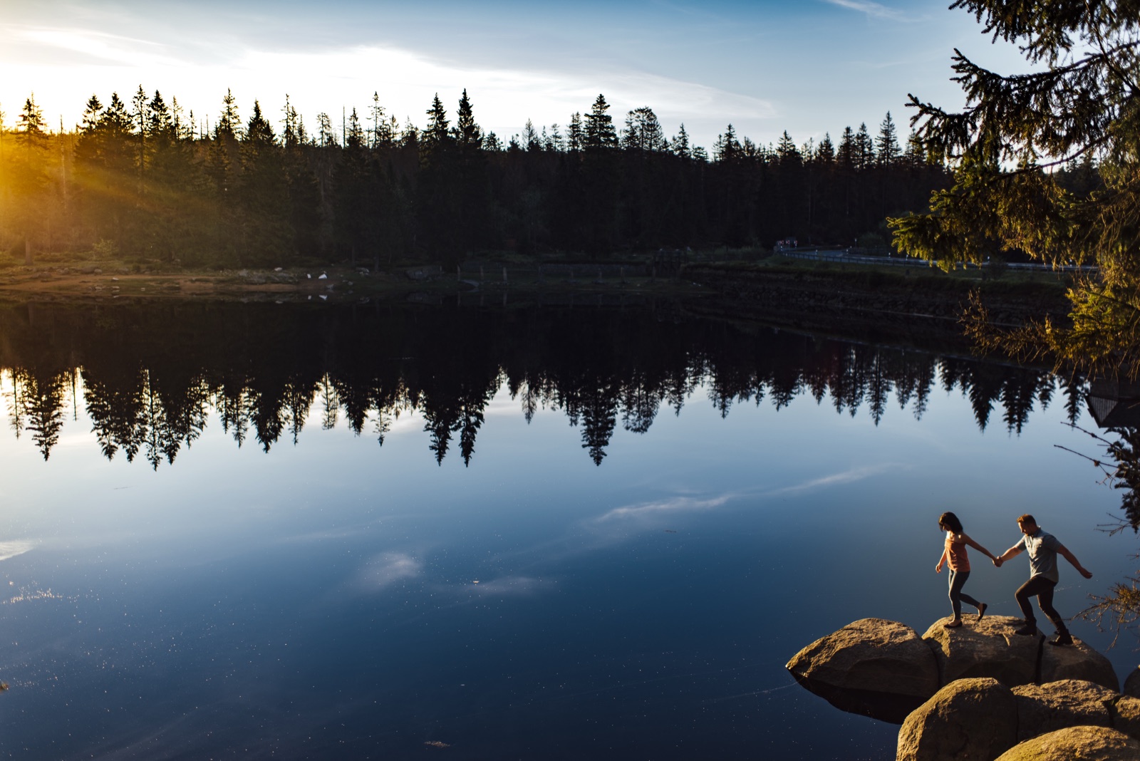 Abendstimmung am See — Spiegelung des Waldes im Wasser